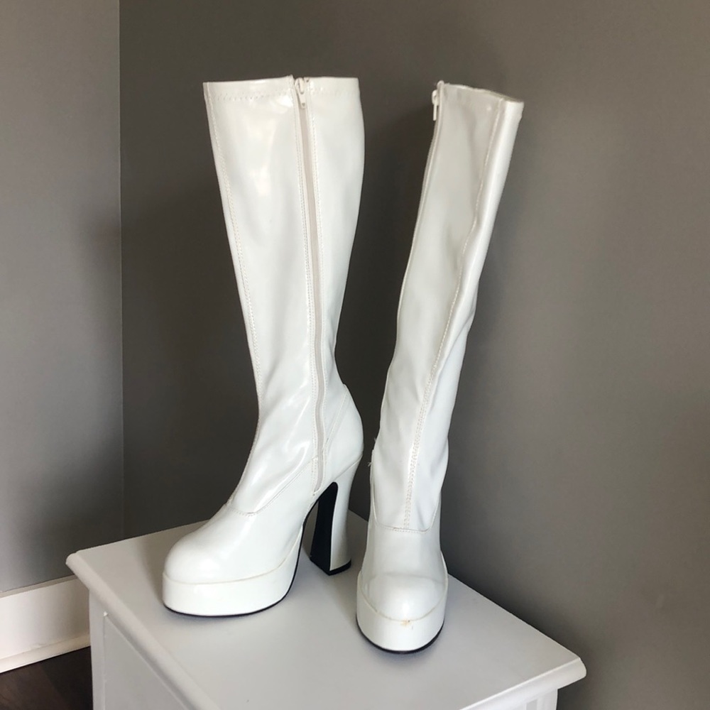 White knee high heels